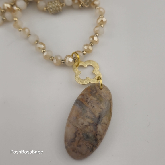 Handmade Crazy Lace Agate Pendant Necklace - Gold Accents, Natural Stone, 30" - Picture 6 of 16